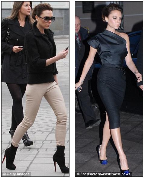 Transformed: Victoria in Moscow yesterday, sporting a more casual look in 