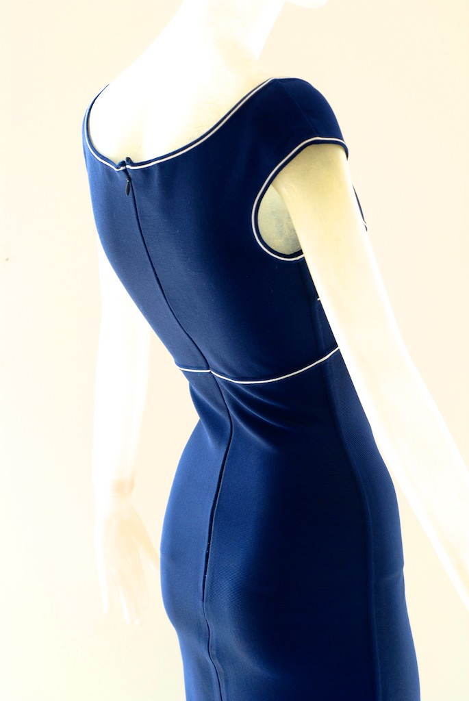 navy blue dress with white piping