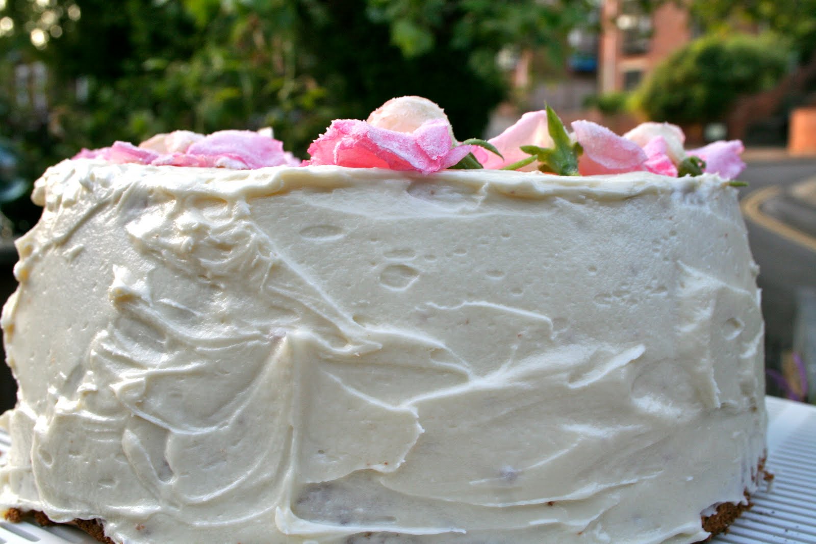 Angel Food Cake with Buttercream Frosting and Sugared Flowers
