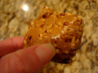 Hand holding Betty Lou's High Protein Almond Butter Ball showing almond chunks