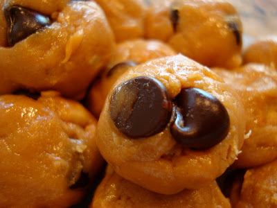Close up of one  No-Bake Vegan Peanut Butter Chocolate Chip Cookie Dough Ball
