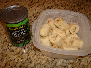Sliced bananas in clear container and can of Light Coconut Milk 