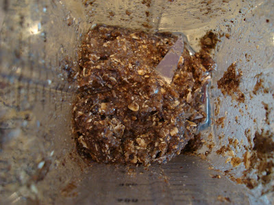 Ingredients to make No Bake Vegan Chocolate-Coconut-Chia-Oat Dessert Squares/Energy Bars blended in blender