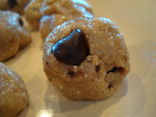 Close up of one High Raw Vegan Chocolate Chip Cookie Dough Balls