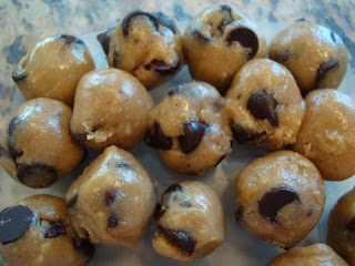 Chocolate Chip Cookie Dough Balls after refrigeration on countertop