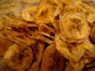 Close up of stacked dehydrated bananas