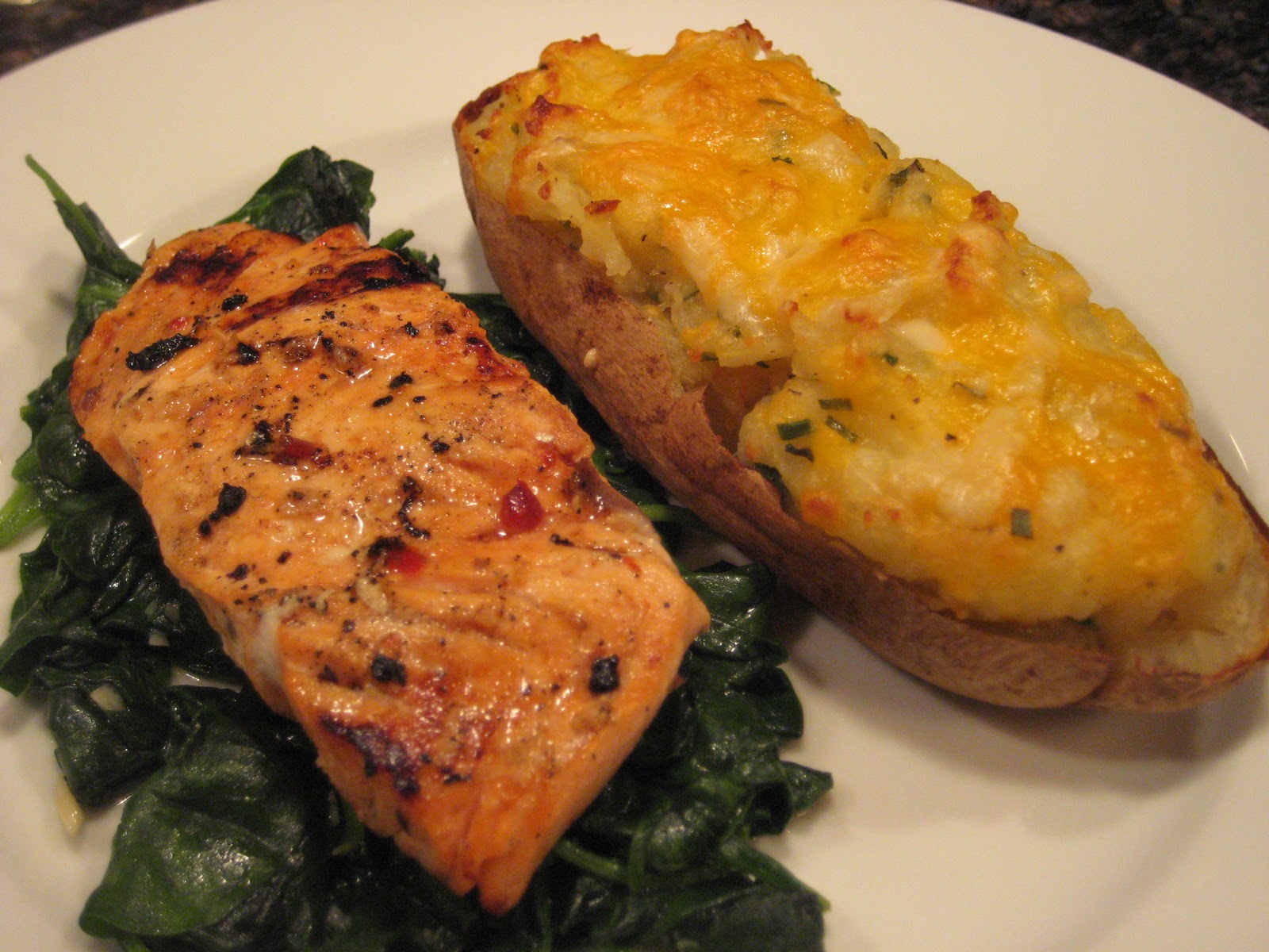 Dinner with the Welches Grilled Salmon over Garlic Spinach and Cheesy