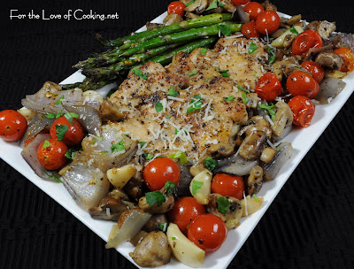 Roasted Chicken Thighs with Tomatoes, Garlic, Asparagus, and Mushrooms