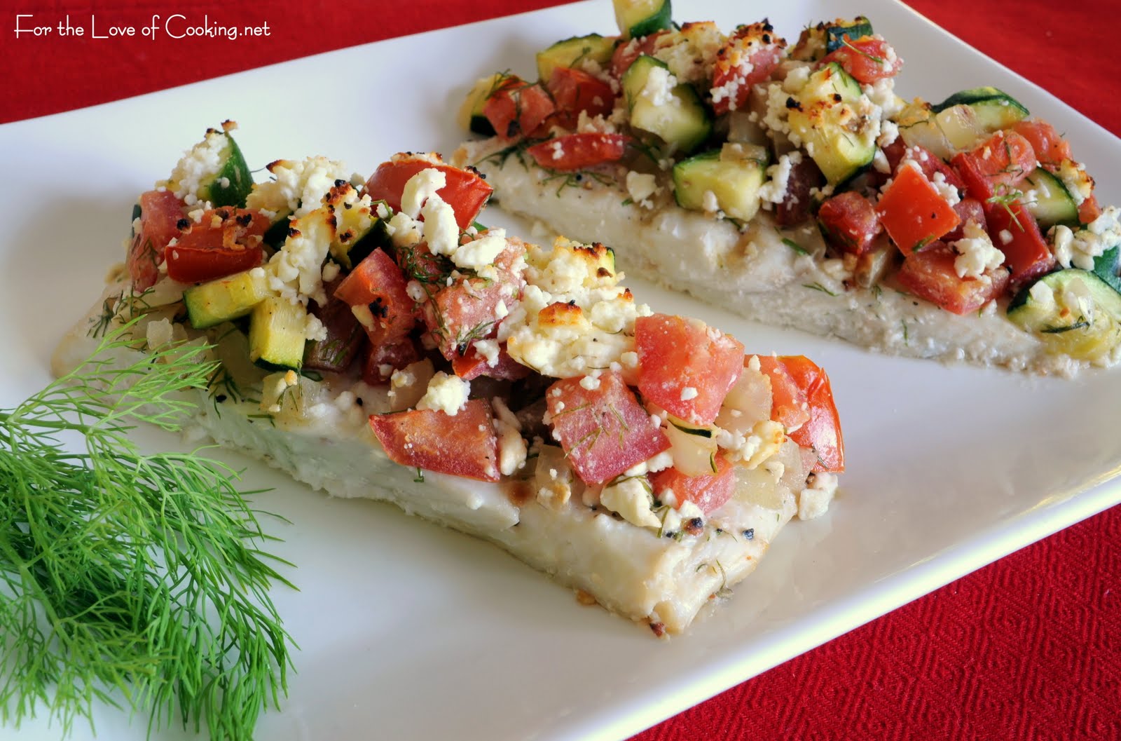Baked Halibut Topped with Zucchini, Tomato, Dill, and Feta For the
