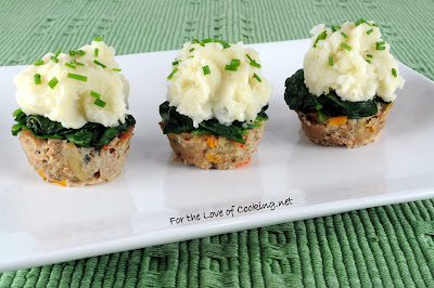 Turkey Meatloaf Muffins topped with Spinach and Roasted Garlic Mashed Potatoes