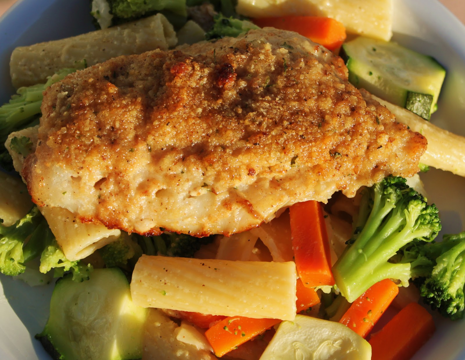 Pan Grilled Fish with Sherry and Toasted Bread Crumbs over Veggie Pasta