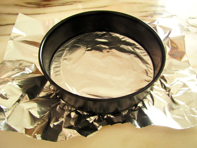 I arrived at the following solution to wrapping my springform pan in tin  foil for the Bain-marie (water bath)…