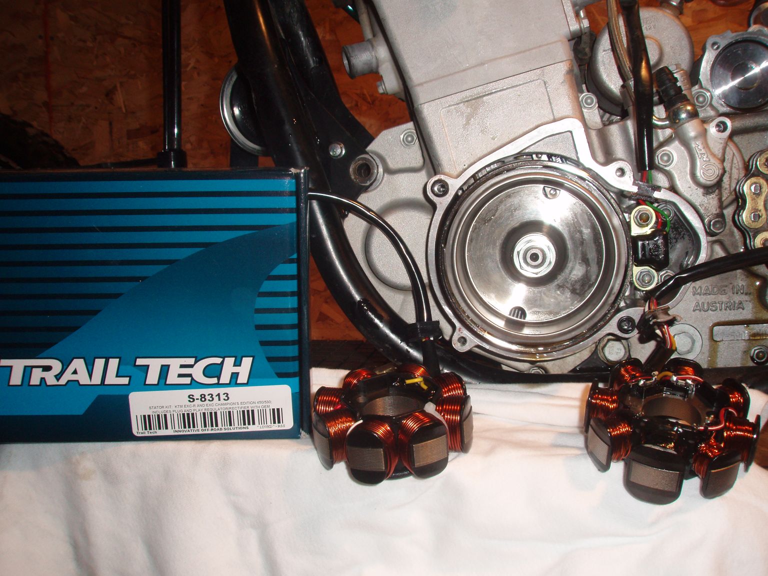 Close up of both stators. Trail Tech is on the left. The DC conversion will also be implemented which will be used to power a Trail Tech 8" HID headlight ...