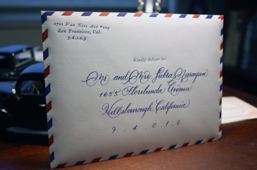 Paper vintage airmail letter inspired wedding invitations by Erin at