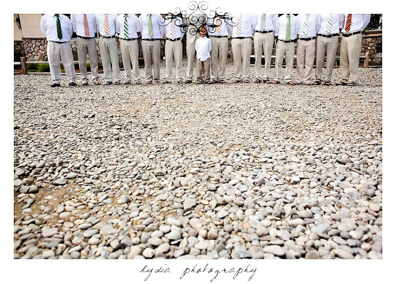 Groom and groomsmen and ringbearer at modern, citrus, backyard wedding at Pine Ranch in California