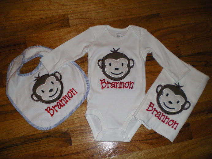 Monkey applique burp, bib and onesie