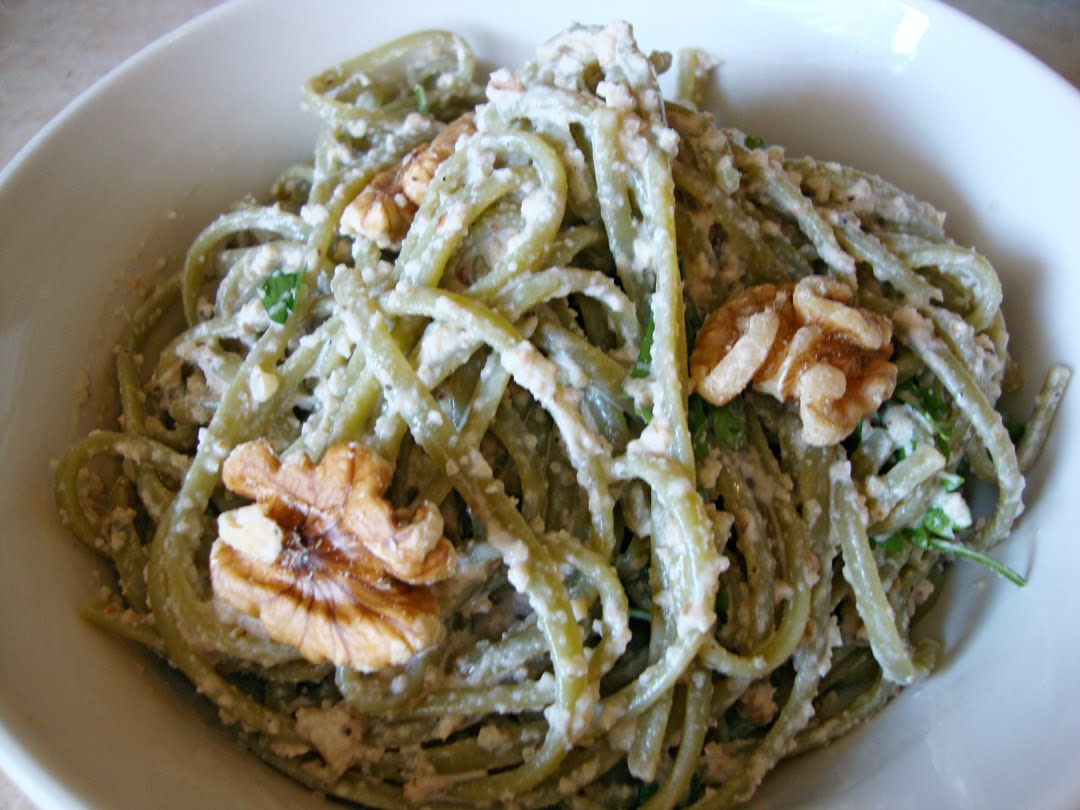 my back pages spinach linguine with creamy walnut sauce and broiled
