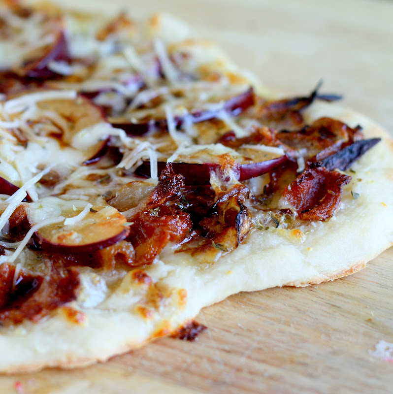 Plum Pizza with Caramelized Onions & Crispy Bacon Sprinkled with Flour