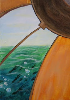 A detail of the Integratron painting is shown.  The bottom left corner of the image shows mysterious figures lurking in the shadows under a turbulant ocean.