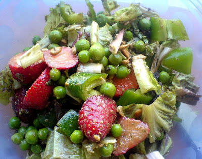 Strawberry, Pea, Pepper, and Lettuce Salad with a Pesto Dressing