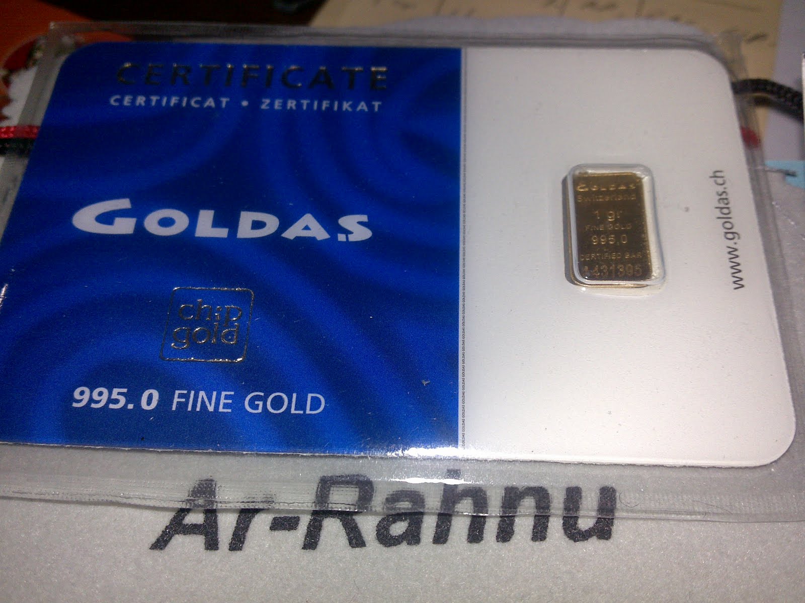 Emasunik2u Goldas Switzerland ChipGold Premium Pure Gold Bar 1 gram