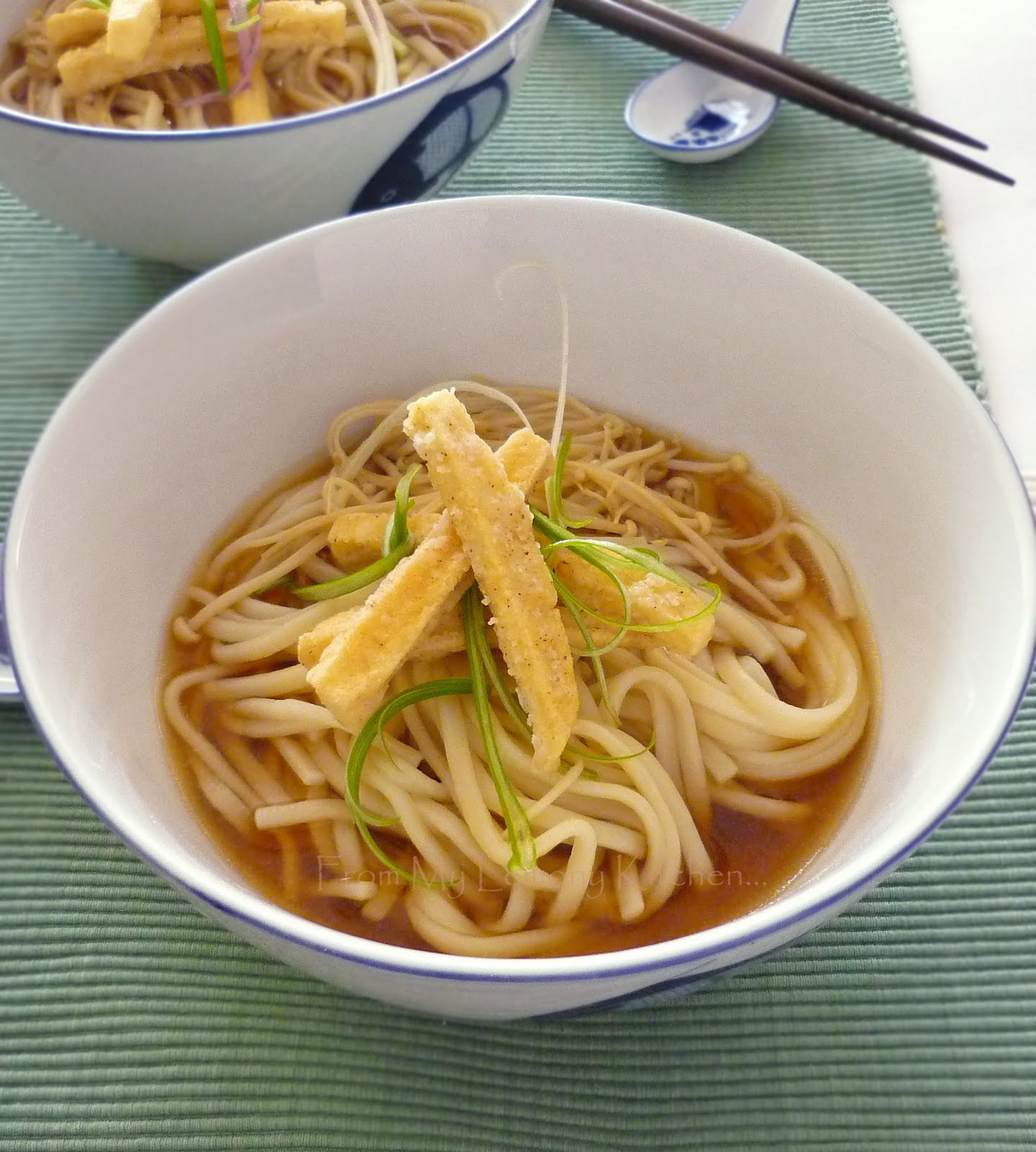 Tofu chips, Enoki and Udon soup Lisa's Lemony Kitchen