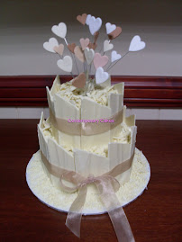 2 tier white chocolate panelled cake, with wired hearts.