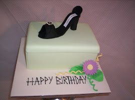 Jimmy Choo , hand made sugar shoe placed on a cake shoe box..