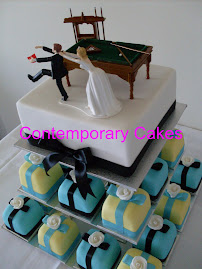 Pool table with Bride and runaway Groom with miniature cakes.