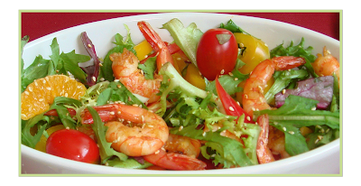 I love the nutty flavor in sesame oil and a mixed with a little fresh orange juice and spicy soy sauce renders the prawn salad a wonderful flavor...