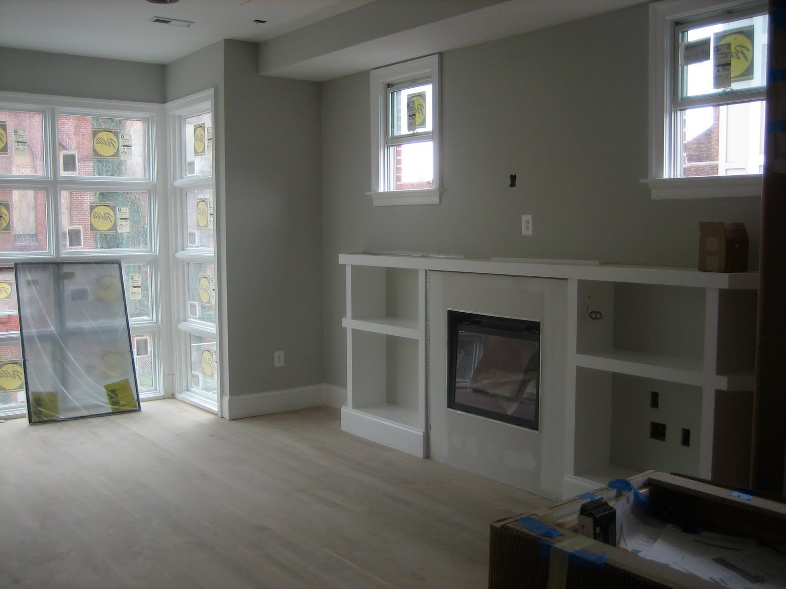 shelves by fireplace