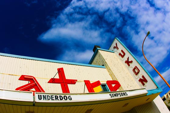 An old movie theatre with a great neon sign in Whitehorse, Yukon.