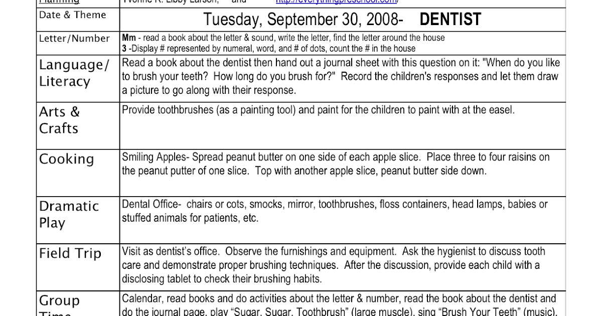 Preschool Is Fun Planning Activities: Dentist Lesson Plan