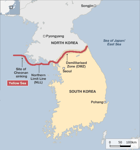 north korea map at night. in South Korea warships,