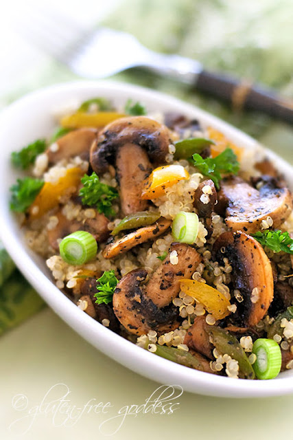 Quinoa pilaf recipe with mushrooms, scallions and bell peppers