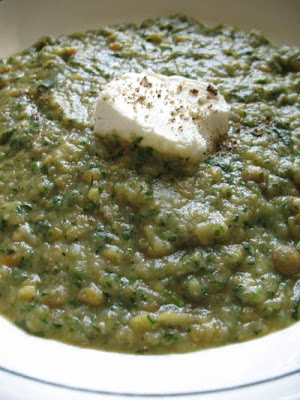 Potato Leek Soup With Watercress, Green Lentils and Fresh Goat Cheese