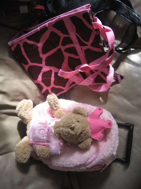 Girraffe tote is only$6, the rolling suitcase with removable teddy bear is $16