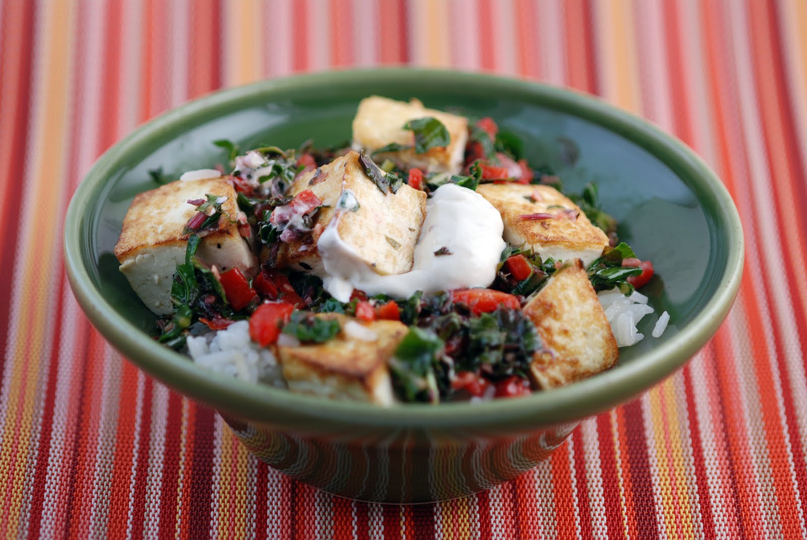 Vegetable Matter Tofu with Swiss Chard, Kale and Yogurt Sauce