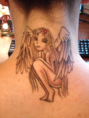 tatoos on back of neck. What a nice CHERUB Engel tattoo sitting on the back-neck!