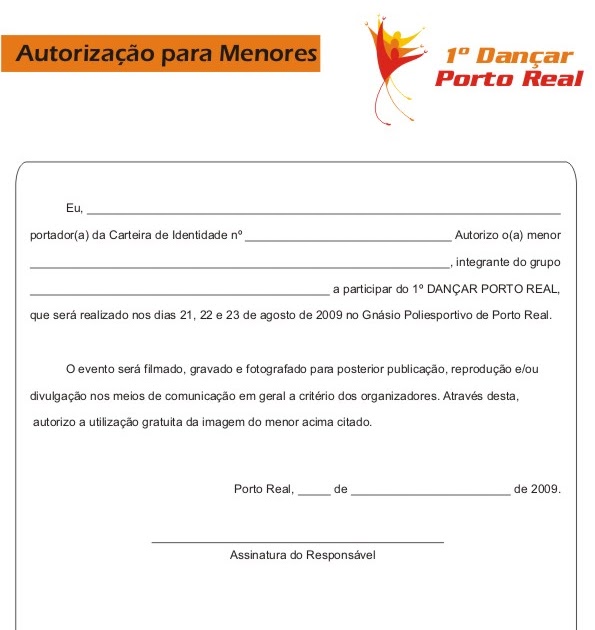 Autorização Para Menor Ir Em Festa Escola de Dança Fundação Porto Real: Autorização para Menores e de Uso