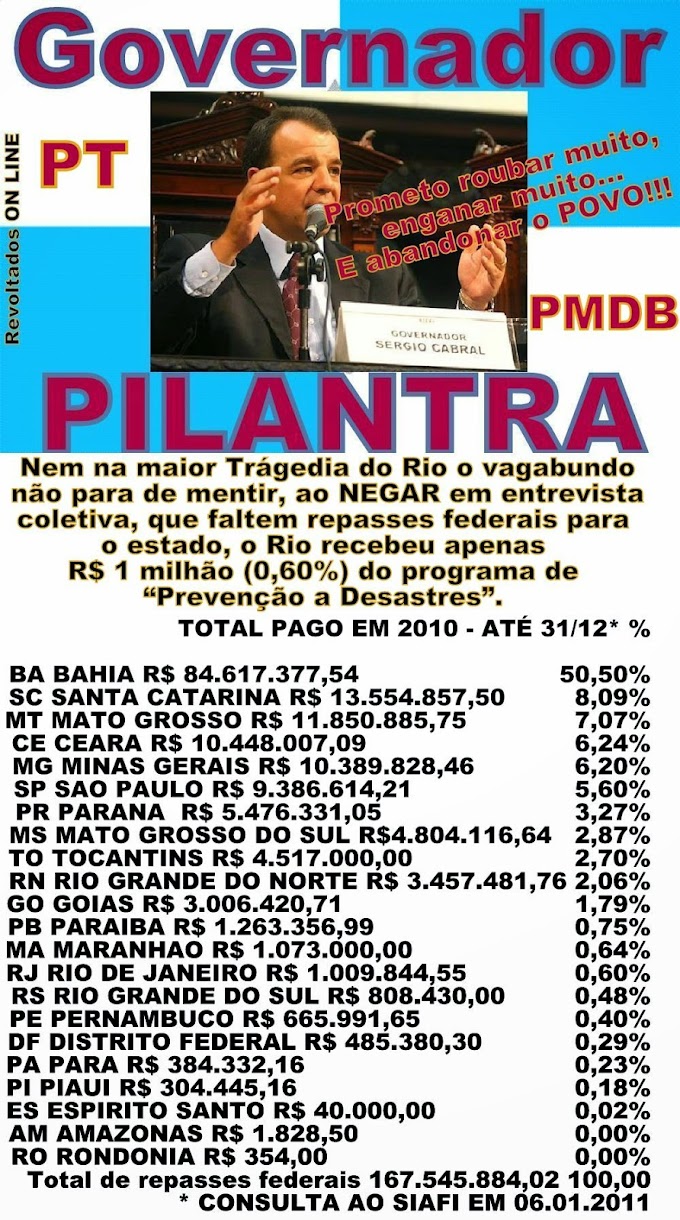 Nem na maior Tragédia do Rio de Janeiro o VAGABUNDO PILANTRA, Sergio Cabral do Partido do PMDB, não para de MENTIR!!!