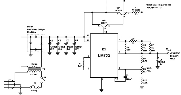 10 Amp 13.8 Volt Power Supply Circuits Diagram |AUDIO AMPLIFIER