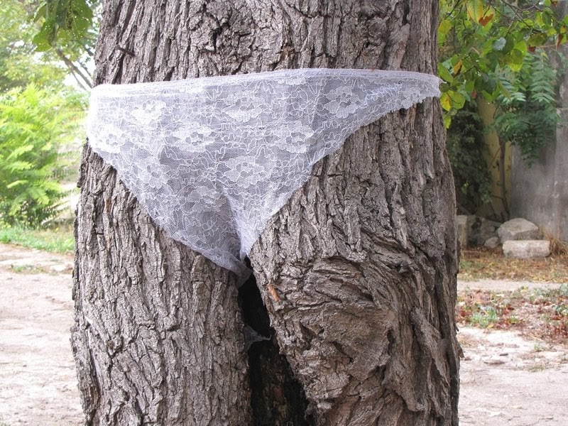 Lady J In Lotus Pose trees wearing underwear