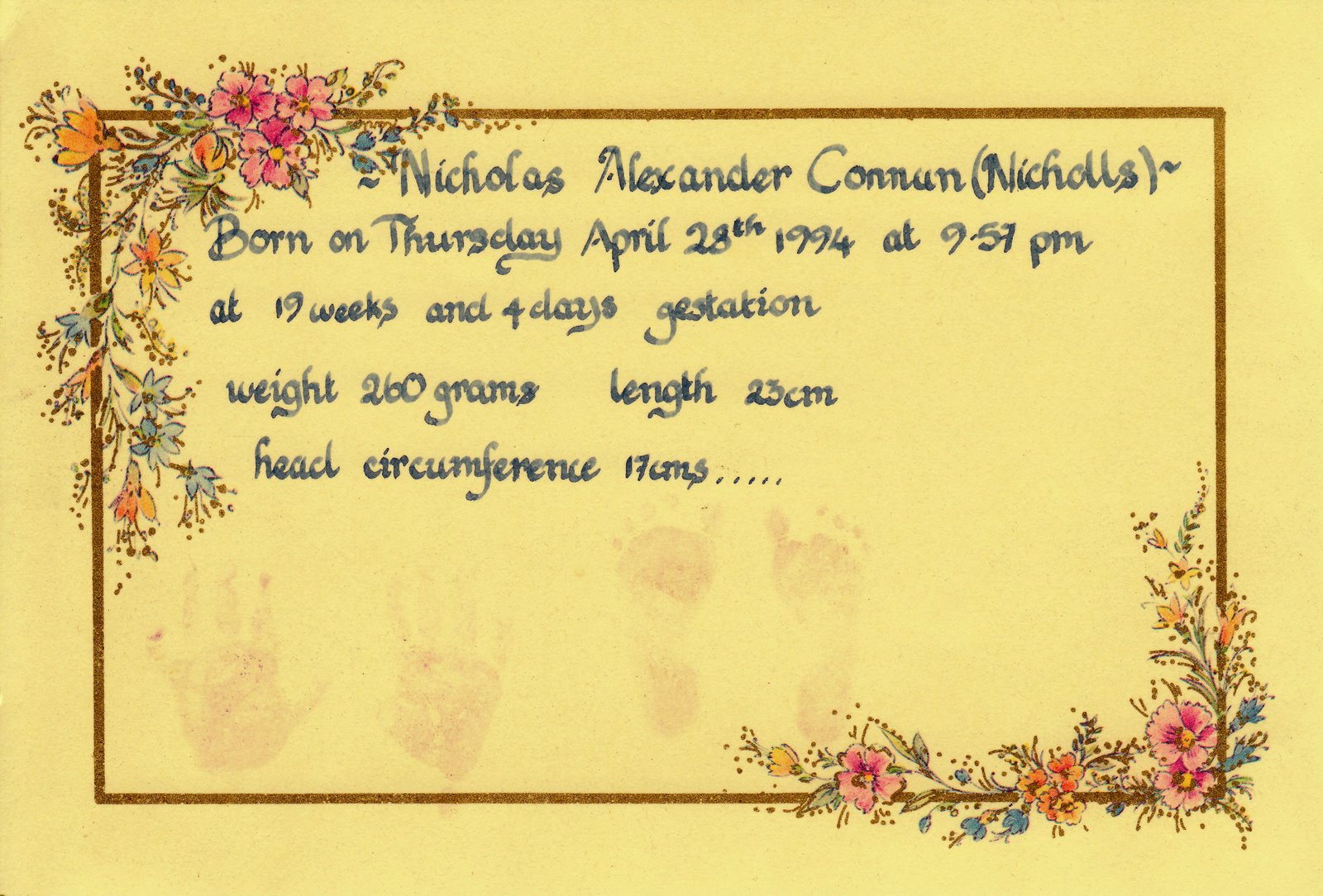 Nicholas' Hand & Footprints Birth Certificate