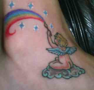 Wing Tattoo: Baby angel tattoo with rainbow
