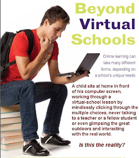 Image: A lone schoolboy sat on a pile of books looking at a laptop screen.