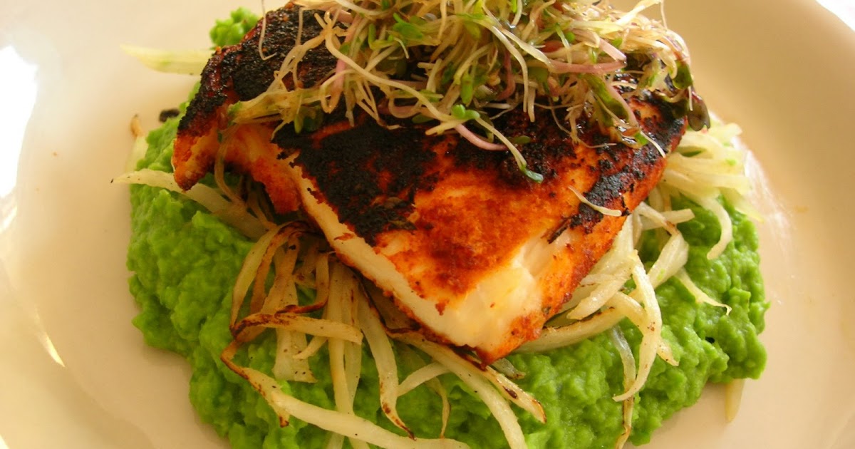 The Portobello Kitchen Spice Blackened Halibut with Daikon and Pea Puree