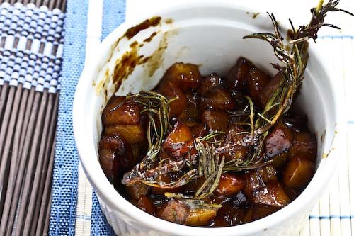 The pears, caramelized in