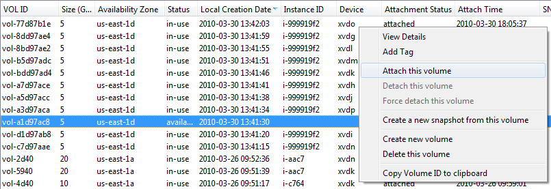 volumes using ElasticFox.