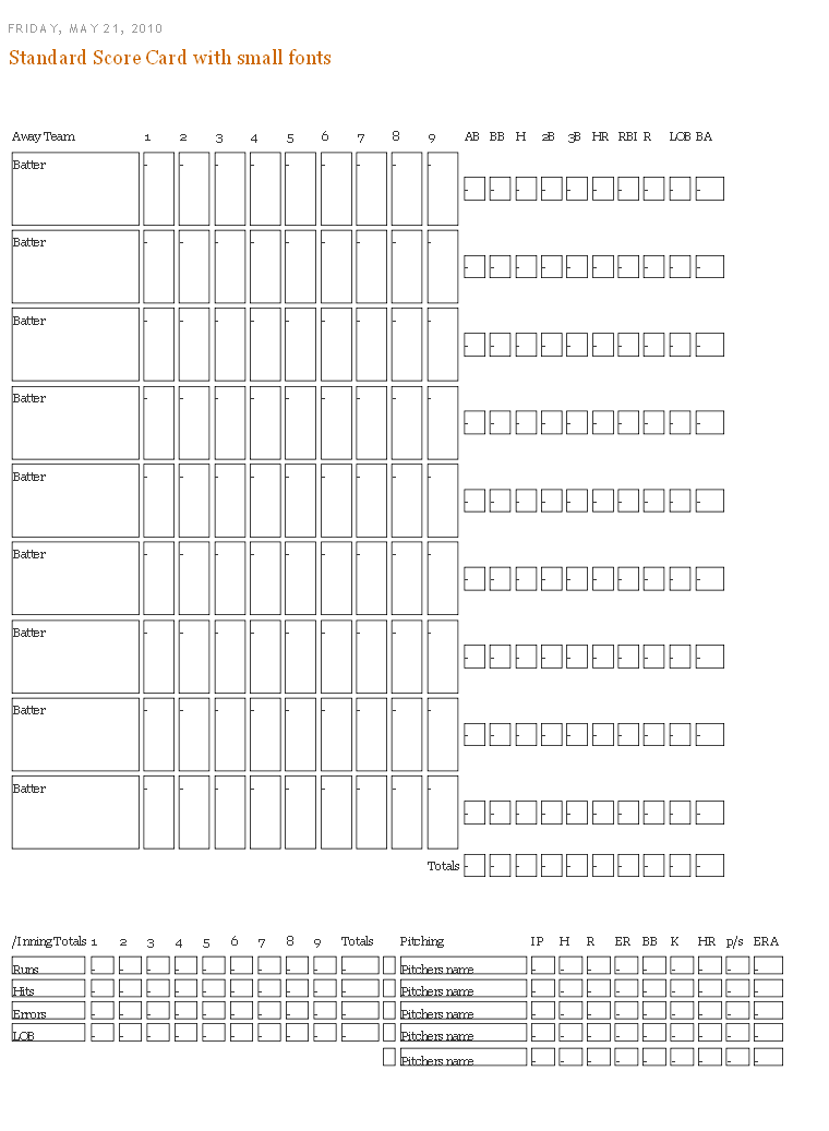 score card for baseball